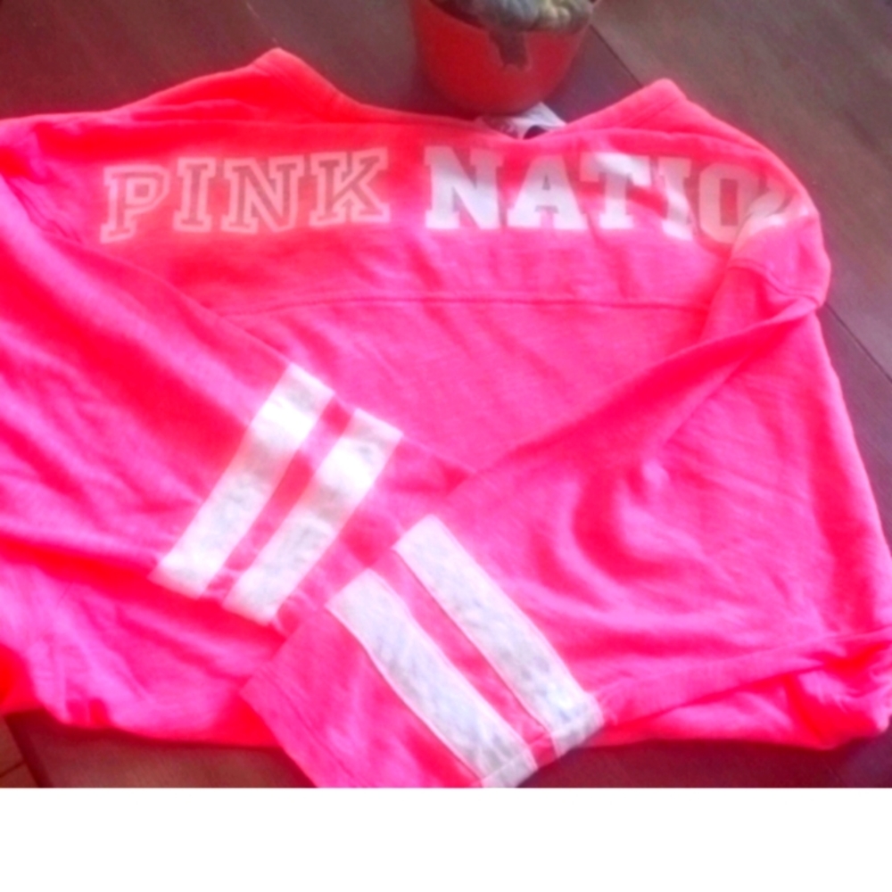 Pink Victoria Secret "Pink Nation" Campus Tee With Stripe's On Sleeve's